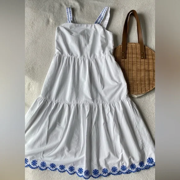 J. Crew Embroidered Saffron scalloped tiered white blue trim dress $128 - Picture 8 of 15
